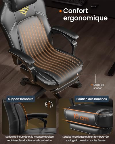 SONGMICS OBG072B01 : Fauteuil Gaming Ergonomique Noir avec Repose-Pieds et Appui-tête