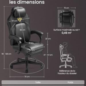 SONGMICS OBG072B01 : Fauteuil Gaming Ergonomique Noir avec Repose-Pieds et Appui-tête