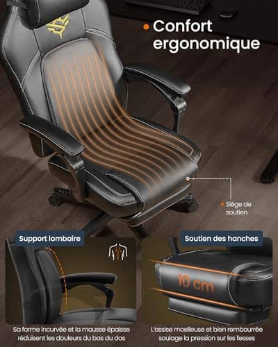 SONGMICS OBG072B01 : Fauteuil Gaming Ergonomique Noir avec Repose-Pieds et Appui-tête