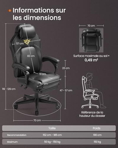 SONGMICS OBG072B01 : Fauteuil Gaming Ergonomique Noir avec Repose-Pieds et Appui-tête
