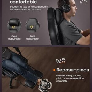 SONGMICS OBG072B01 : Fauteuil Gaming Ergonomique Noir avec Repose-Pieds et Appui-tête