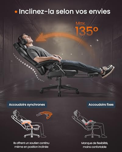 SONGMICS OBG072B01 : Fauteuil Gaming Ergonomique Noir avec Repose-Pieds et Appui-tête