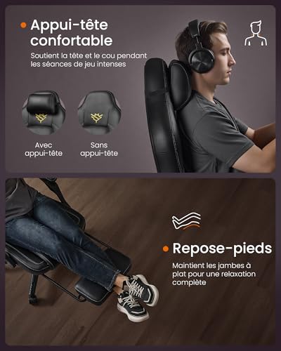 SONGMICS OBG072B01 : Fauteuil Gaming Ergonomique Noir avec Repose-Pieds et Appui-tête