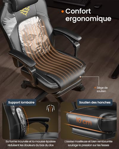 SONGMICS OBG072B03: Fauteuil Gaming Ergonomique Noir d’Encre avec Repose-Pieds