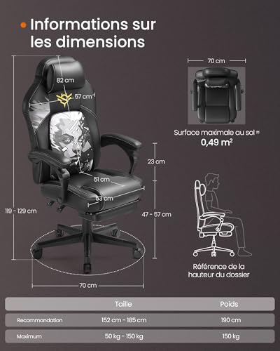 SONGMICS OBG072B03: Fauteuil Gaming Ergonomique Noir d’Encre avec Repose-Pieds