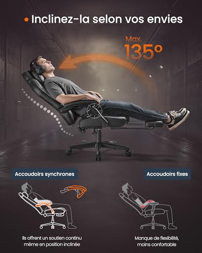 SONGMICS OBG072B03: Fauteuil Gaming Ergonomique Noir d’Encre avec Repose-Pieds