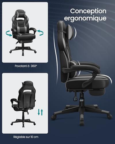 SONGMICS OBG073B03 Fauteuil de Bureau Gaming Noir et Gris, Réglable
