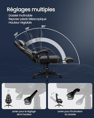 SONGMICS OBG073B03 Fauteuil de Bureau Gaming Noir et Gris, Réglable