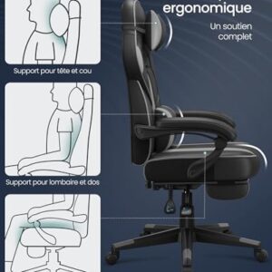 SONGMICS OBG073B03 Fauteuil de Bureau Gaming Noir et Gris, Réglable