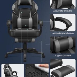 SONGMICS OBG073B03 Fauteuil de Bureau Gaming Noir et Gris, Réglable