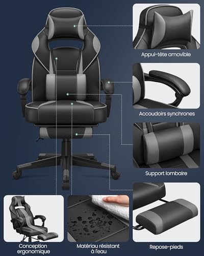 SONGMICS OBG073B03 Fauteuil de Bureau Gaming Noir et Gris, Réglable