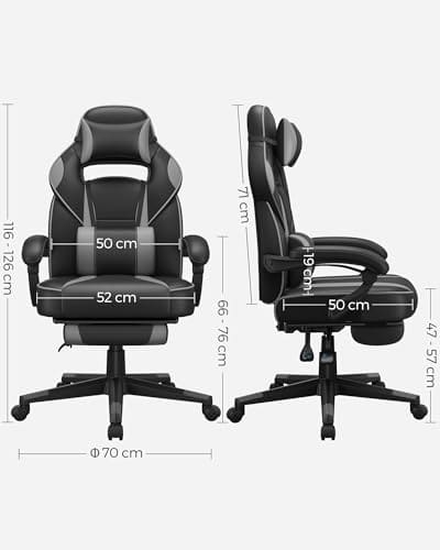 SONGMICS OBG073B03 Fauteuil de Bureau Gaming Noir et Gris, Réglable