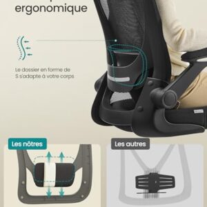 SONGMICS OBN047B01 : Chaise Bureau Ergonomique avec Support Lombaire et Accoudoirs Rabattables