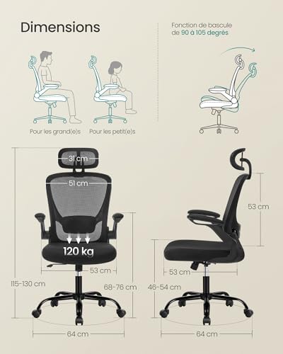 SONGMICS OBN047B01 : Chaise Bureau Ergonomique avec Support Lombaire et Accoudoirs Rabattables
