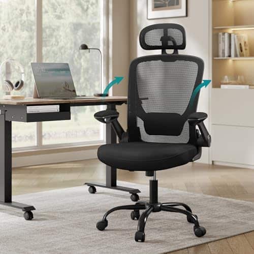 SONGMICS OBN047B01 : Chaise Bureau Ergonomique avec Support Lombaire et Accoudoirs Rabattables