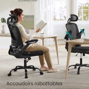 SONGMICS OBN047B01 : Chaise Bureau Ergonomique avec Support Lombaire et Accoudoirs Rabattables