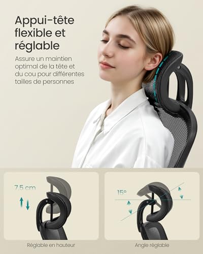 SONGMICS OBN047B01 : Chaise Bureau Ergonomique avec Support Lombaire et Accoudoirs Rabattables