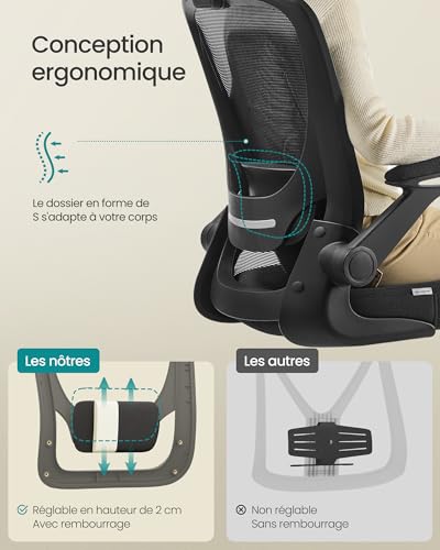SONGMICS OBN047B01 : Chaise Bureau Ergonomique avec Support Lombaire et Accoudoirs Rabattables