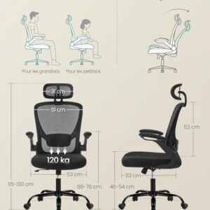 SONGMICS OBN047B01 : Chaise Bureau Ergonomique avec Support Lombaire et Accoudoirs Rabattables