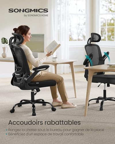 SONGMICS OBN047B01 : Chaise Bureau Ergonomique avec Support Lombaire et Accoudoirs Rabattables