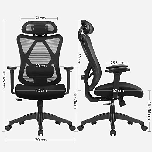 SONGMICS OBN063B01 : Chaise de Bureau Ergonomique Noir avec Support Lombaire Ajustable
