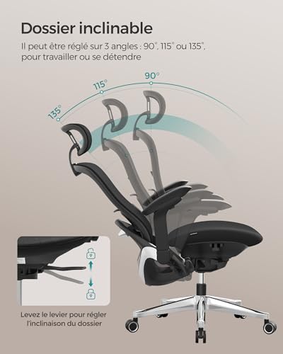 SONGMICS OBN065B01 : Chaise de Bureau Ergonomique Réglable Noir 150 kg