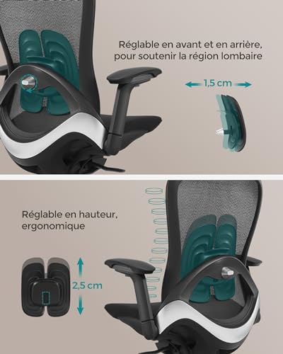 SONGMICS OBN065B01 : Chaise de Bureau Ergonomique Réglable Noir 150 kg