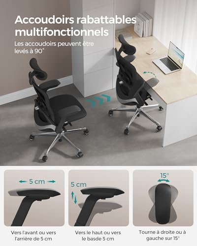 SONGMICS OBN065B01 : Chaise de Bureau Ergonomique Réglable Noir 150 kg