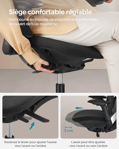 SONGMICS OBN065B01 : Chaise de Bureau Ergonomique Réglable Noir 150 kg