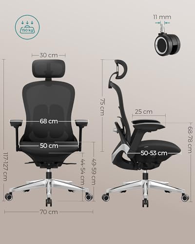 SONGMICS OBN065B01 : Chaise de Bureau Ergonomique Réglable Noir 150 kg