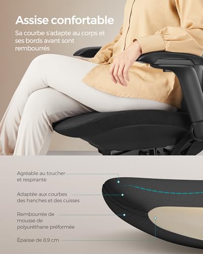SONGMICS OBN065B01 : Chaise de Bureau Ergonomique Réglable Noir 150 kg
