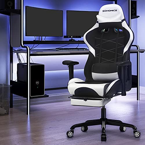 SONGMICS RCG52BW : Fauteuil Gamer Ergonomique avec Repose-Pieds et Coussin Lombaire