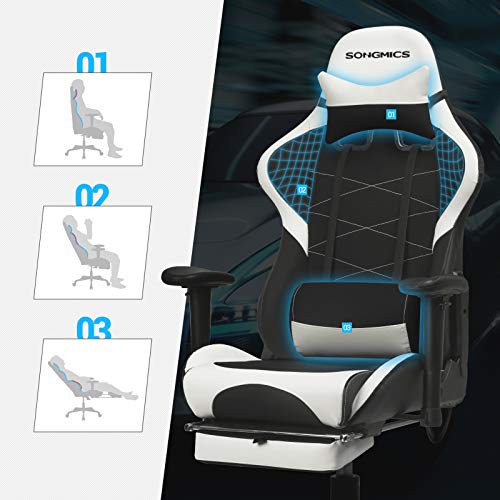 SONGMICS RCG52BW : Fauteuil Gamer Ergonomique avec Repose-Pieds et Coussin Lombaire