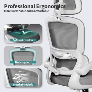 TRALT Chaise Ergonomique de Bureau Mesh Réglable avec Roues – Gris Clair