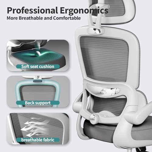 TRALT Chaise Ergonomique de Bureau Mesh Réglable avec Roues – Gris Clair