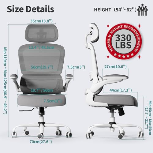 TRALT Chaise Ergonomique de Bureau Mesh Réglable avec Roues – Gris Clair