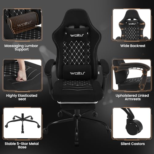 WOLTU GS07sz Chaise Gaming Massante Ergonomique Noir et Blanc avec Repose-Pieds