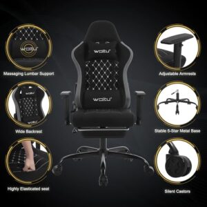 WOLTU GS09szg : Chaise Gaming Massante Ergonomique Noir avec Repose-Pieds