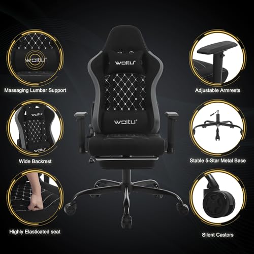 WOLTU GS09szg : Chaise Gaming Massante Ergonomique Noir avec Repose-Pieds