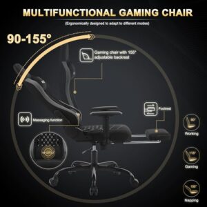 WOLTU GS09szg : Chaise Gaming Massante Ergonomique Noir avec Repose-Pieds