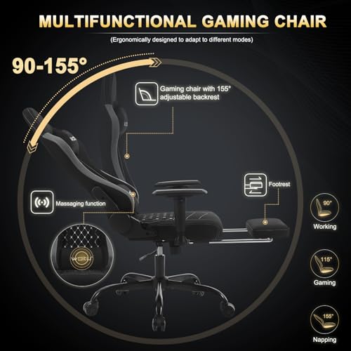 WOLTU GS09szg : Chaise Gaming Massante Ergonomique Noir avec Repose-Pieds