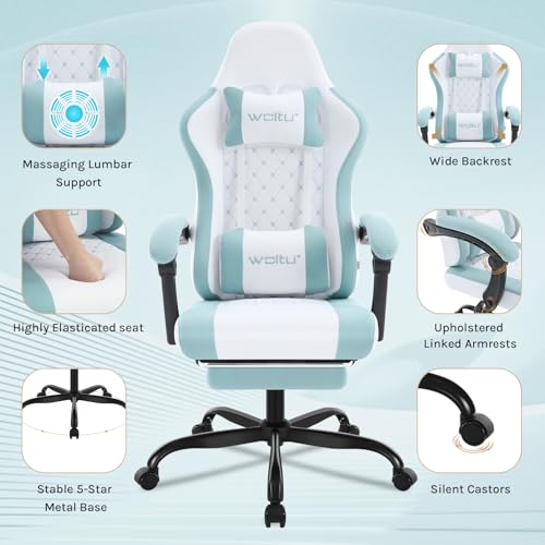 WOLTU GS15bws : Chaise Gaming Massante Ergonomique avec Repose-Pieds et Support Lombaire