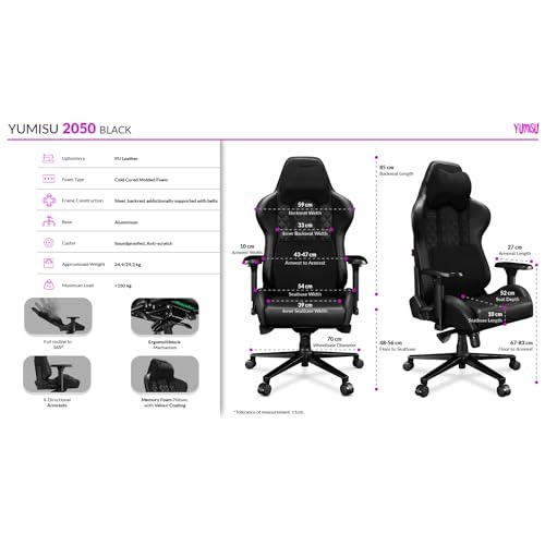 YUMISU 2050 : Chaise de Gamer Confortable avec Support Lombaire et Inclinable 165°