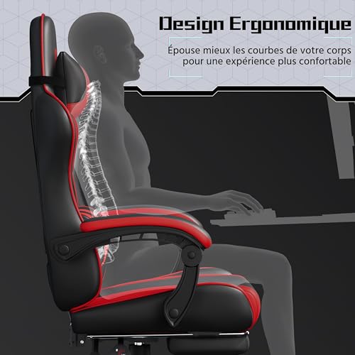 Yaheetech Chaise Gaming Massante Ergonomique Noir Rouge avec Repose-Pied