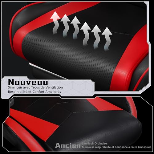 Yaheetech Chaise Gaming Massante Ergonomique Noir Rouge avec Repose-Pied