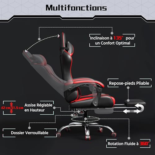 Yaheetech Chaise Gaming Massante Ergonomique Noir Rouge avec Repose-Pied