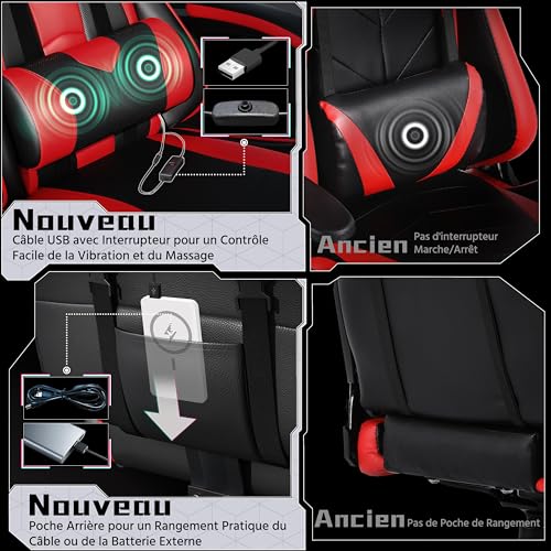 Yaheetech Chaise Gaming Massante Ergonomique Noir Rouge avec Repose-Pied
