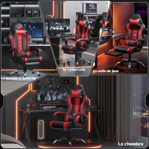 Yaheetech Chaise Gaming Massante Ergonomique Noir Rouge avec Repose-Pied