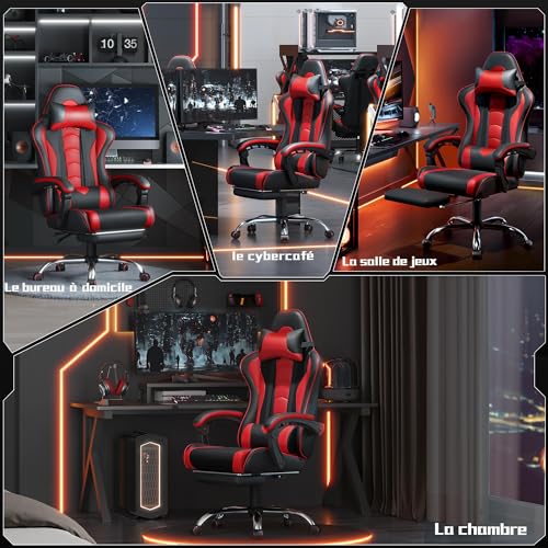 Yaheetech Chaise Gaming Massante Ergonomique Noir Rouge avec Repose-Pied