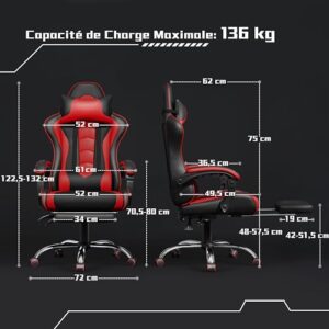 Yaheetech Chaise Gaming Massante Ergonomique Noir Rouge avec Repose-Pied